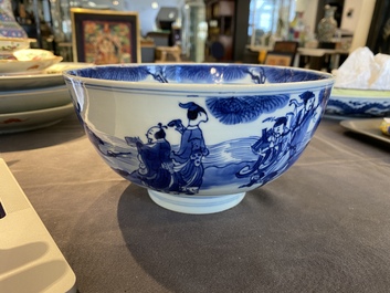 A Chinese blue and white 'immortals' bowl, Shen De Tang Bo Gu Zhi 慎德堂博古製 mark, Kangxi