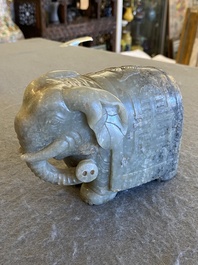 A Chinese grey-speckled celadon jade elephant, Qing