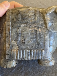 A Chinese grey-speckled celadon jade elephant, Qing