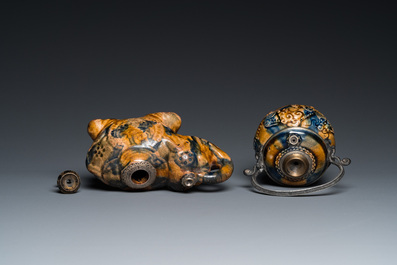Two Vietnamese silver-mounted blue and white Bat Trang stoneware water pipes, 19th C.