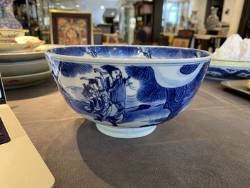 A Chinese blue and white 'immortals' bowl, Shen De Tang Bo Gu Zhi 慎德堂博古製 mark, Kangxi