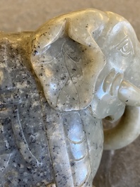 A Chinese grey-speckled celadon jade elephant, Qing