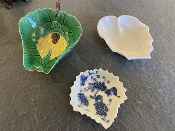 Three Chinese leaf-shaped brush washers in blue and white, blanc de Chine and sancai enamels, 18/19th C.