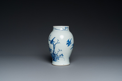 A Chinese blue and white vase with birds among blossoming branches, Chongzhen