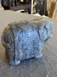 A Chinese grey-speckled celadon jade elephant, Qing