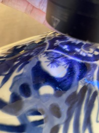 A large Chinese blue and white rouleau vase with floral design, Kangxi