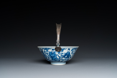 A Chinese blue and white 'eight immortals' bowl with silver handle, Qianlong mark and of the period