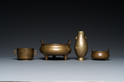 Three Chinese bronze censers and a silver-inlaid bronze vase, Qing