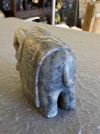 A Chinese grey-speckled celadon jade elephant, Qing