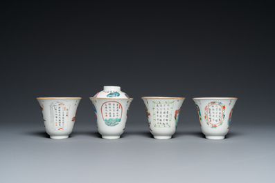 Vier Chinese famille rose 'Wu Shuang Pu' koppen en drie schotels, Daoguang merk en periode