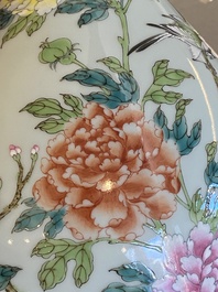 A large Chinese famille rose celadon-ground bottle vase, Qianlong mark, Republic