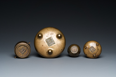 Three Chinese bronze censers and a silver-inlaid bronze vase, Qing
