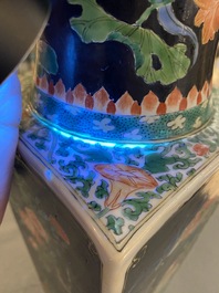 A square Chinese famille noire vase, Kangxi