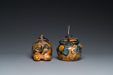 Two Vietnamese silver-mounted blue and white Bat Trang stoneware water pipes, 19th C.