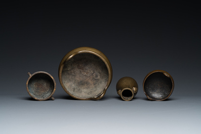 Three Chinese bronze censers and a silver-inlaid bronze vase, Qing