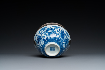 A Chinese blue and white 'eight immortals' bowl with silver handle, Qianlong mark and of the period