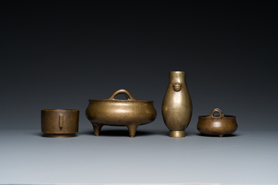 Three Chinese bronze censers and a silver-inlaid bronze vase, Qing