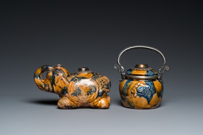 Two Vietnamese silver-mounted blue and white Bat Trang stoneware water pipes, 19th C.