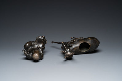 A large Chinese bronze 'Shou Lao on deer' censer, 19th C. or earlier