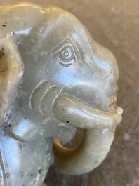 A Chinese grey-speckled celadon jade elephant, Qing