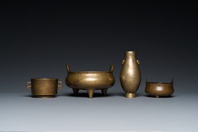 Three Chinese bronze censers and a silver-inlaid bronze vase, Qing