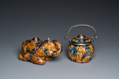 Two Vietnamese silver-mounted blue and white Bat Trang stoneware water pipes, 19th C.