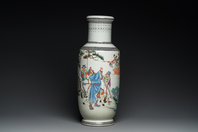 A Chinese famille rose rouleau vase and a pair of jardini&egrave;res, 20th C.