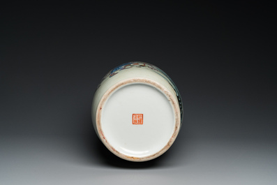 A Chinese famille rose rouleau vase and a pair of jardini&egrave;res, 20th C.