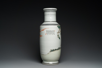 A Chinese famille rose rouleau vase and a pair of jardini&egrave;res, 20th C.