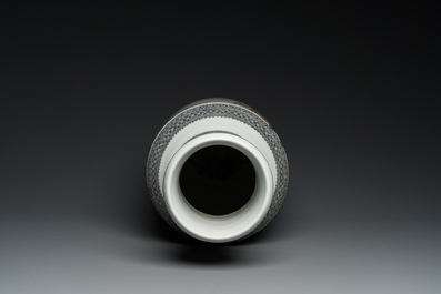 A Chinese famille rose rouleau vase and a pair of jardini&egrave;res, 20th C.