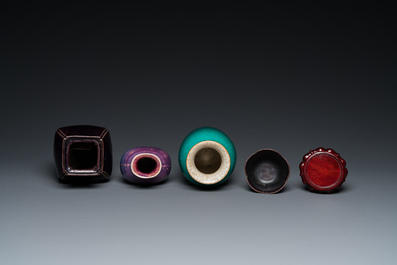 Three Chinese monochrome vases and a 'lotus' cup, Qing/Republic