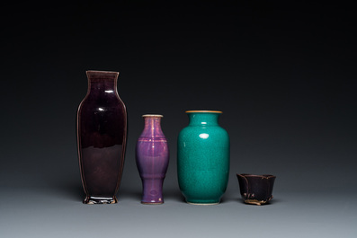 Three Chinese monochrome vases and a 'lotus' cup, Qing/Republic