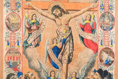 Missionnaires catholiques belges en Chine: 'Les stigmates de Christ', gravure aux rehauts en couleurs, 19&egrave;me