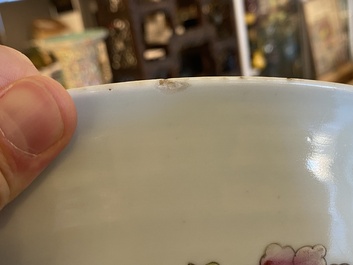 A pair of large Chinese pink-ground famille rose 'dragon and phoenix' dishes, 19th C.