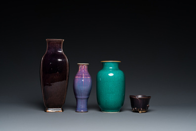 Three Chinese monochrome vases and a 'lotus' cup, Qing/Republic