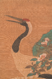 Chinese school: 'Cranes under a pine', ink and colour on silk, Ming