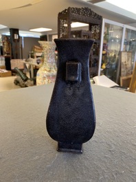 A Chinese monochrome dark aubergine-glazed 'fanghu' vase, probably Qianlong