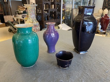 Three Chinese monochrome vases and a 'lotus' cup, Qing/Republic