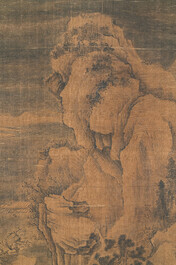 Chinese school: 'Landscape with a scholar and his servants', ink and colour on silk, Ming