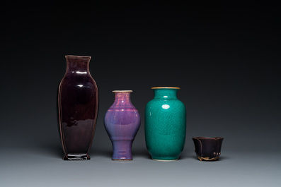 Three Chinese monochrome vases and a 'lotus' cup, Qing/Republic