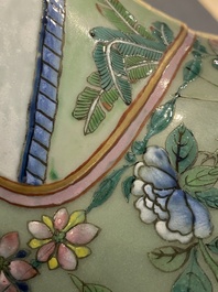 A pair of Chinese famille rose celadon-ground vases, 19th C.