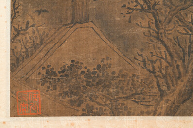 Chinese school: 'Landscape with a scholar and his servants', ink and colour on silk, Ming