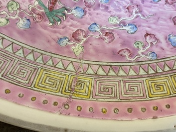 A pair of large Chinese pink-ground famille rose 'dragon and phoenix' dishes, 19th C.