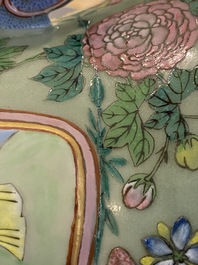 A pair of Chinese famille rose celadon-ground vases, 19th C.