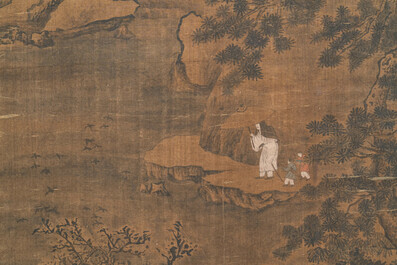 Chinese school: 'Landscape with a scholar and his servants', ink and colour on silk, Ming
