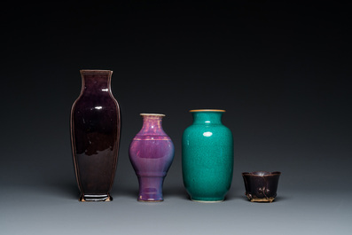 Three Chinese monochrome vases and a 'lotus' cup, Qing/Republic