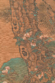 Chinese school: 'Cranes under a pine', ink and colour on silk, Ming