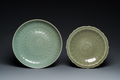 Two Chinese Longquan celadon dishes with underglaze design, Ming