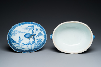 A large Chinese blue and white 'Xi Xiang Ji' tureen and cover on stand, Qianlong