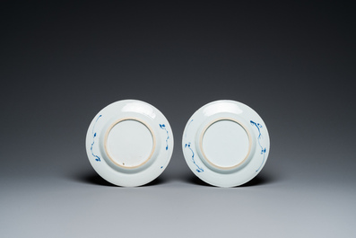 Two Chinese blue and white dishes and five plates with floral design, Kangxi
